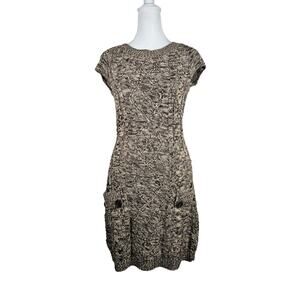 JJ Basics Women's Sweater Dress Brown‎ Short Sleeve Back Cut Out Small Buttons